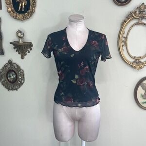 Vintage Y2k micro mesh Cheryl Creations Mesh Rose Print Top Black Floral